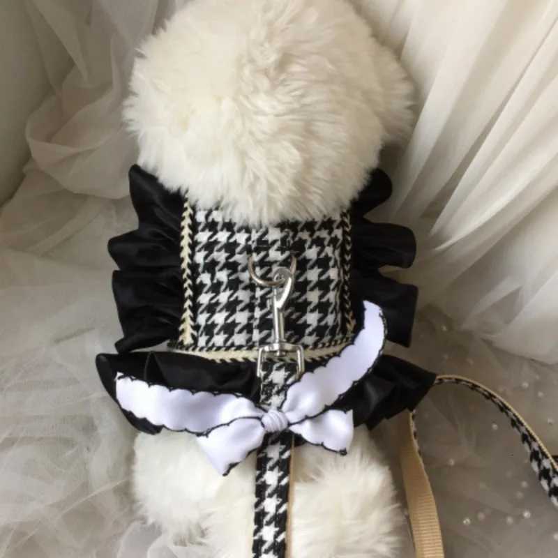 Pet Plaid Chest Back Traction Rope Bow Ruffles Chest Back Strap Dog Outgoing Chest Back Clothes Small Medium Dog Cat Harness M251213