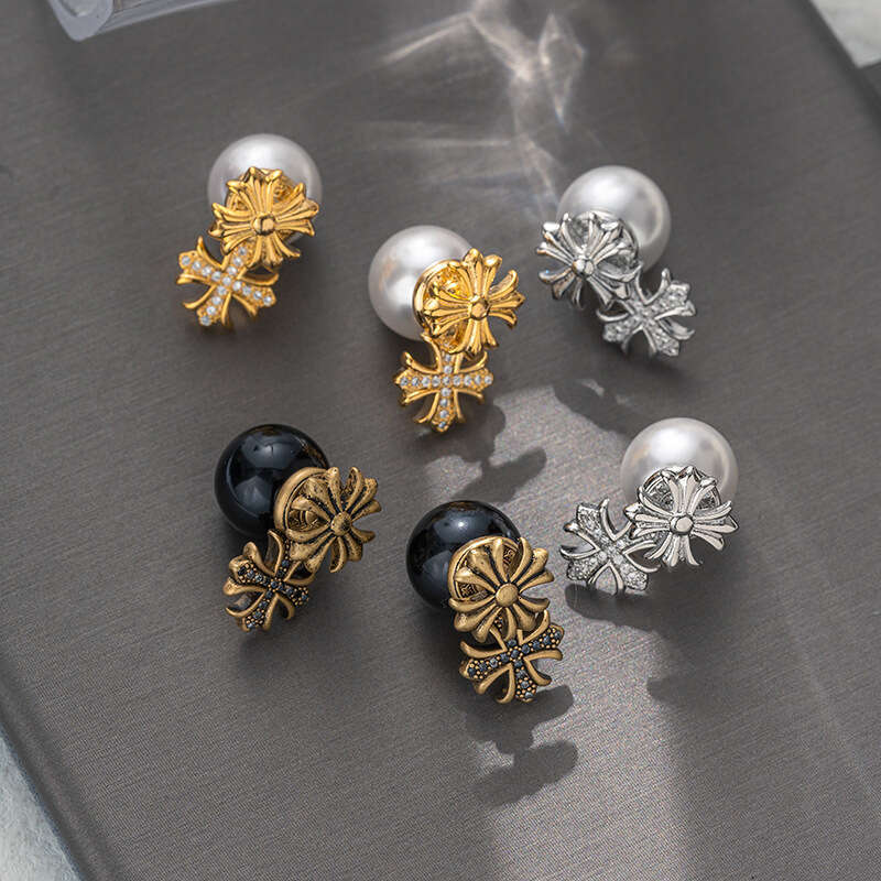 Cross Pearl for Women High-end Personality Fashion Internet Celebrity Versatile Stud European and American Light Luxury Niche Earrings
