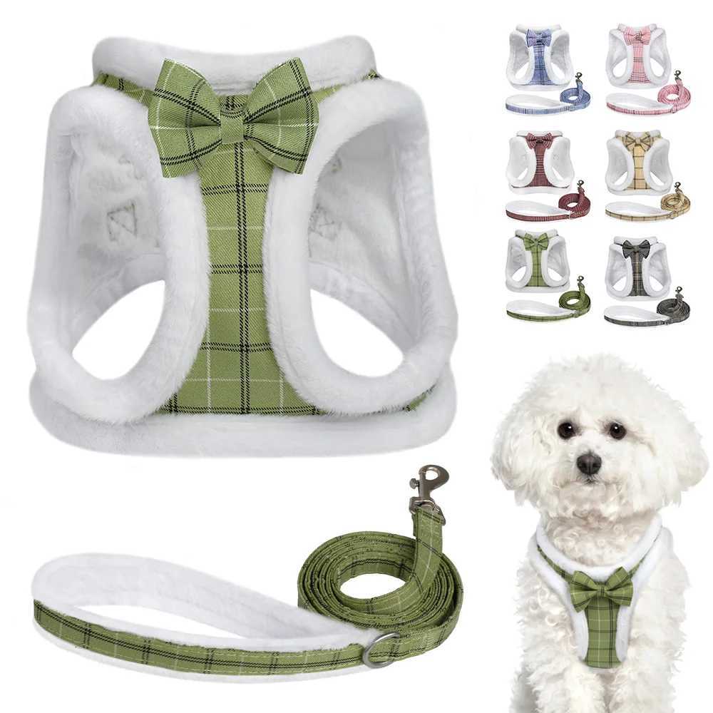 Winter Warm Dog Harness Leash Set Soft Fur Padded Dog Harness Vest No Pull Adjustable Pet Harness With Lead Leash Cute Bowknot M251213