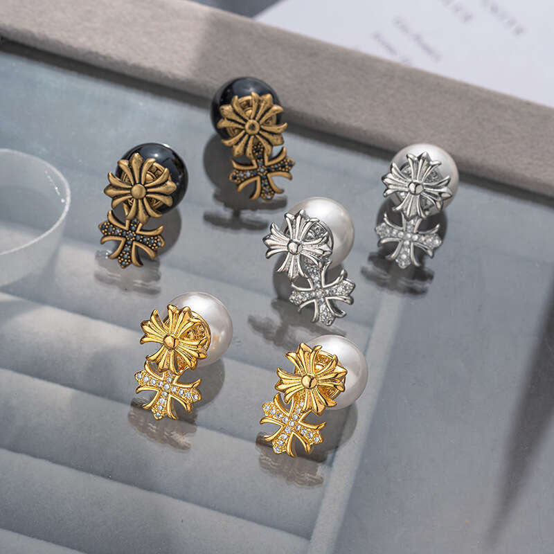 Cross Pearl for Women High-end Personality Fashion Internet Celebrity Versatile Stud European and American Light Luxury Niche Earrings