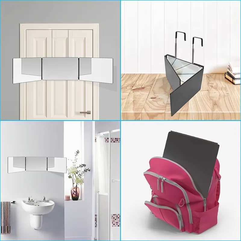 Black Portable 360 Trifold Mirror with Height Adjustable Telescoping Hooks Ideal for Self Hair Cutting Makeup Essential FordableT251213