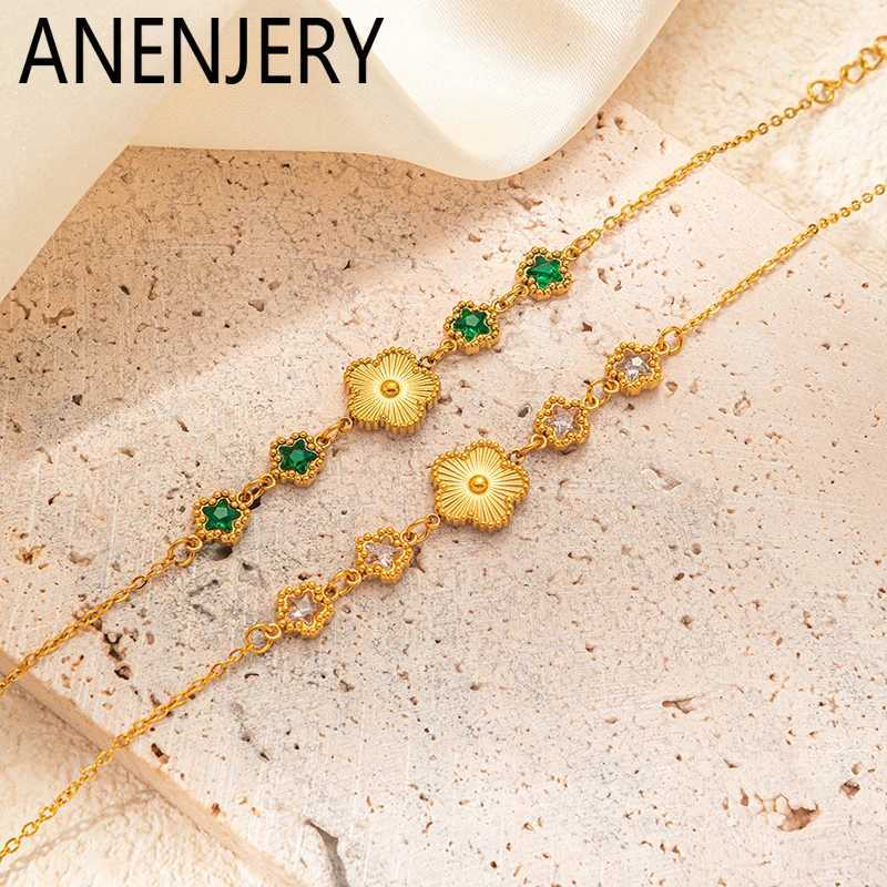 ANENJERY 316L Stainless Steel Lucky Flower Green White Zircon Jewelry For Women French Vintage New Jewelry Gifts M251213
