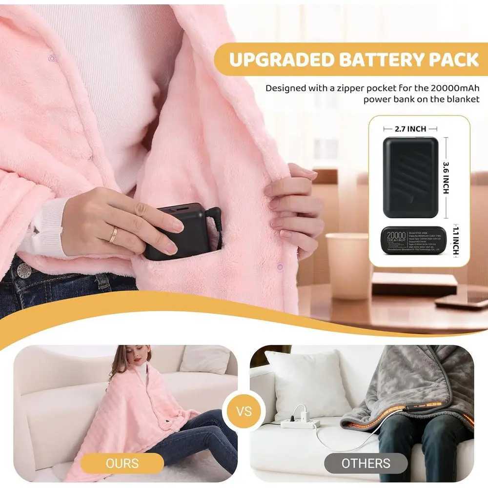 Portable Electric Heated Blanket with 20000mAh Battery 59x355 3 Heat Levels Pink Y251212