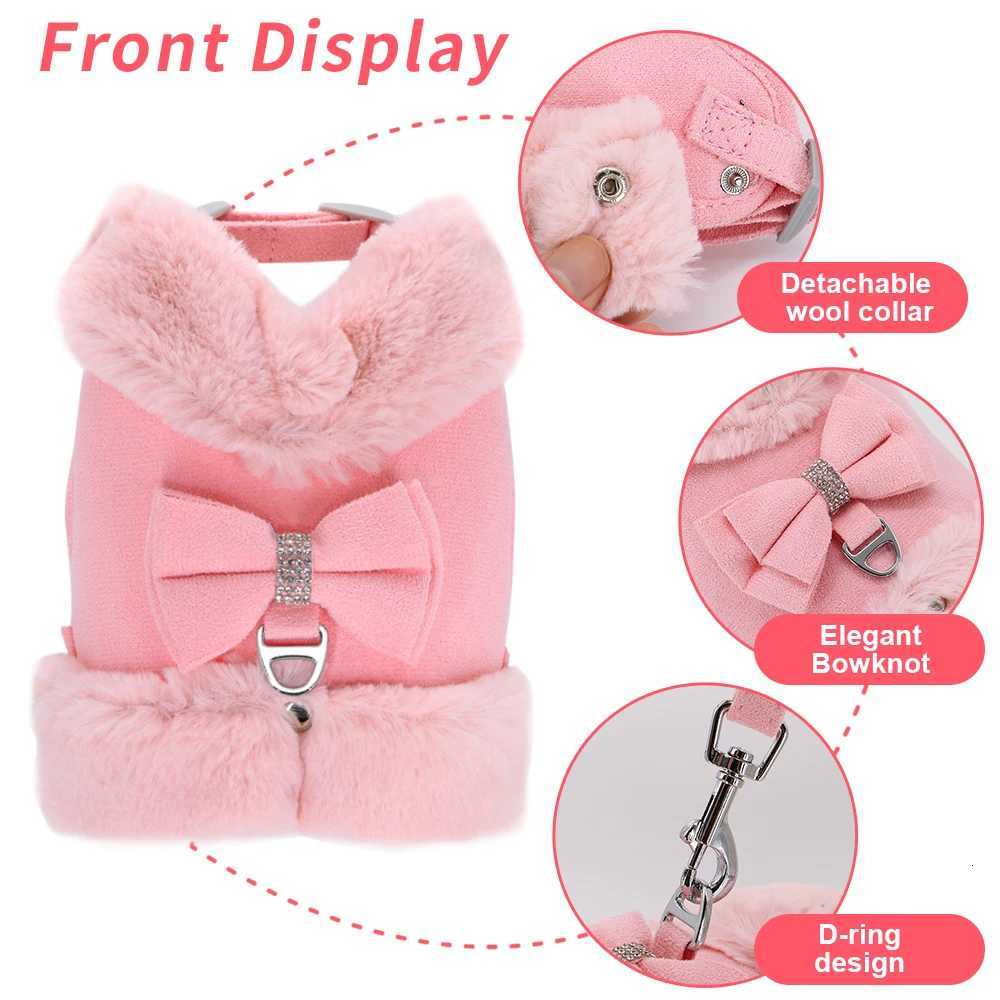 Bowknot Small Dog Cat Harness Leash Set Warm Soft Fur Harness Vest Breathable Puppy Pet Harness Lead For Small Dog Yorkshire Pug M251213