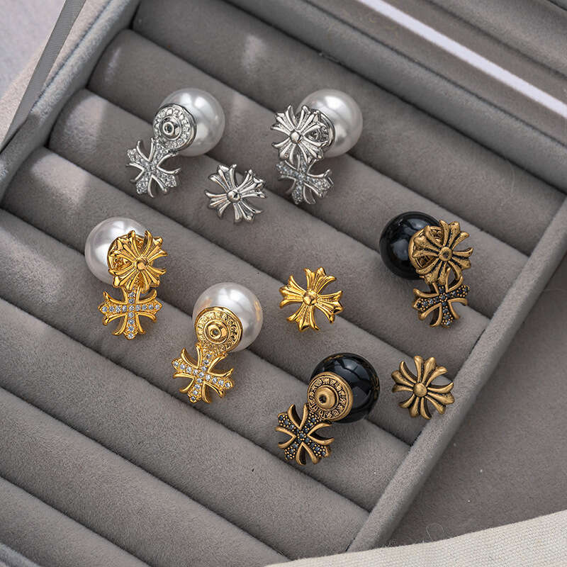 Cross Pearl for Women High-end Personality Fashion Internet Celebrity Versatile Stud European and American Light Luxury Niche Earrings