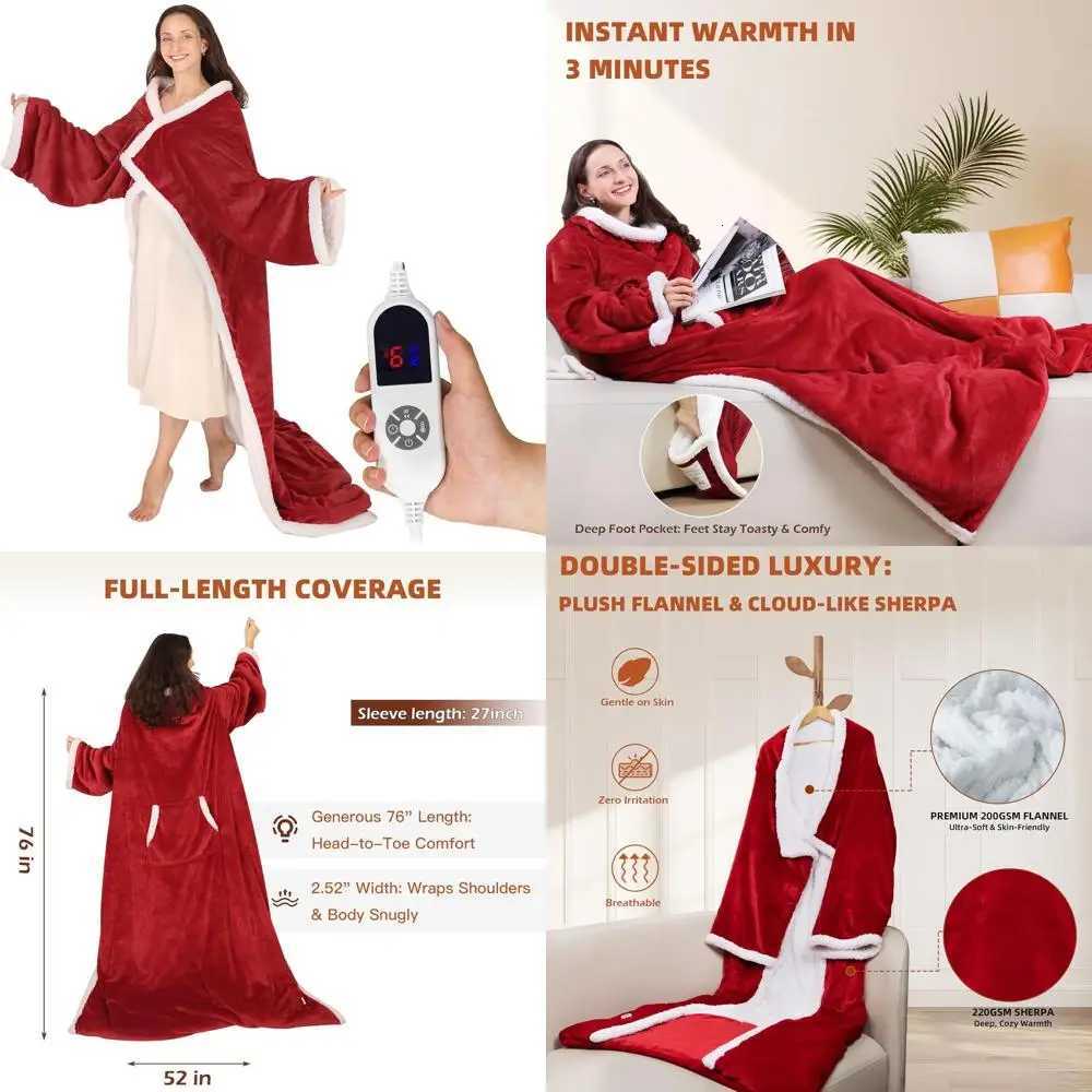 Sleeved Electric Throw Blanket with Foot Pocket 6 Heat Levels 70x50 Plush Flannel Sherpa Wine Red Y251212