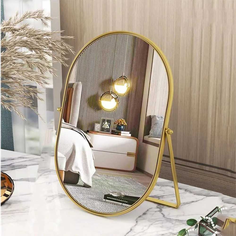 Vanity Makeup Mirror with 90Adjustable Rotation Oval Golden Metal Framed Standing Table Mirror for Bedroom BathroomT251213