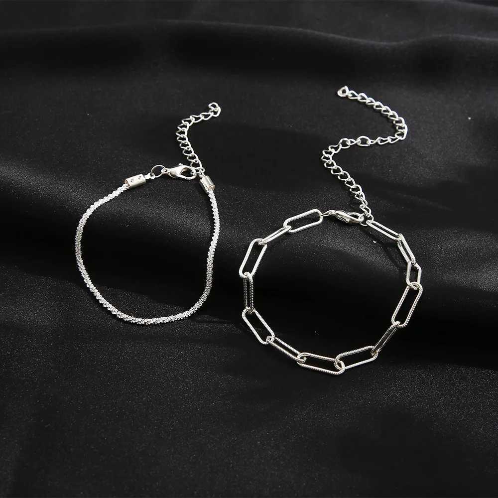 2Pcs Korean Sparkling Set For Women Silver Color Cross Charm Chain Bangle Wristband Female Fashion Party Jewelry M251213