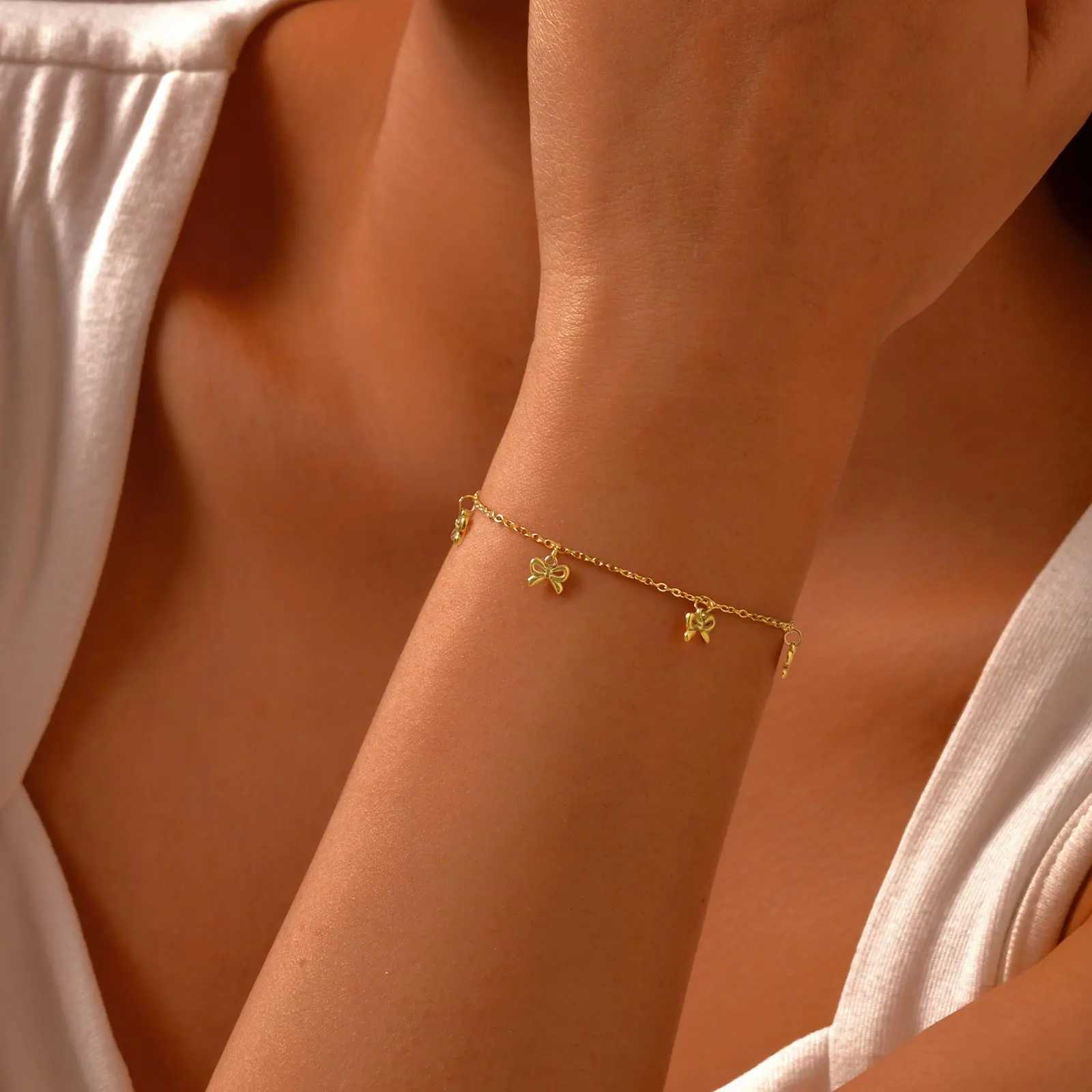 Minimalist Bowknot for WomenGold Color Stainless Steel Flat Rolo Chain Bow sTrendy Waterproof Jewelry Gifts M251213