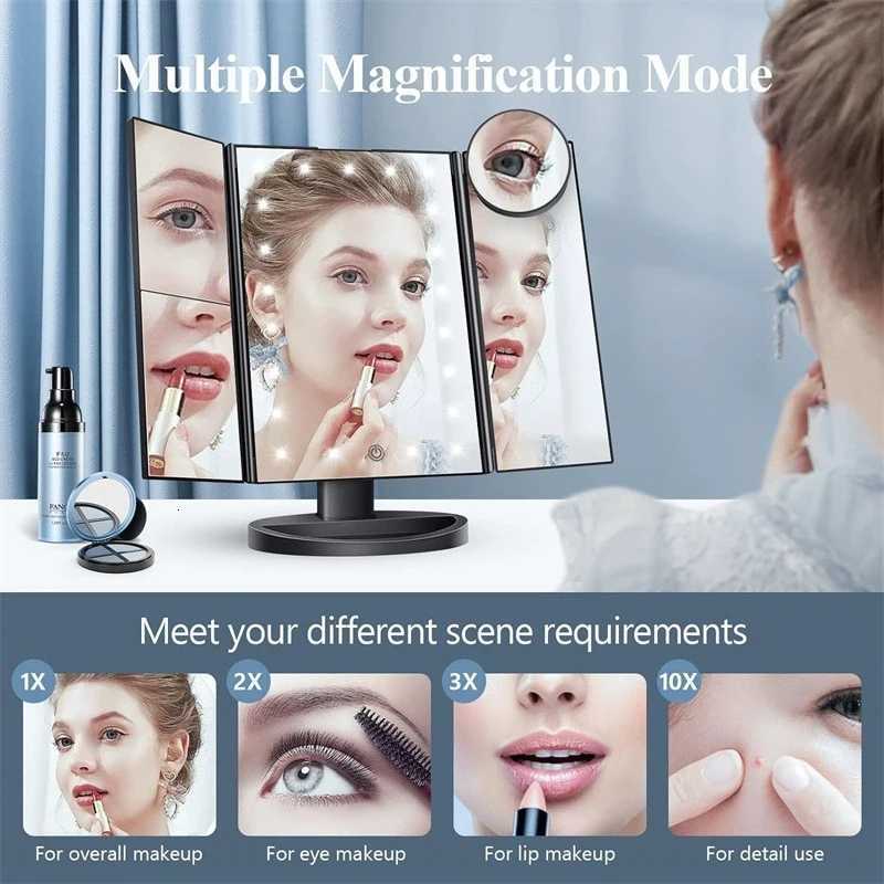 1pc Portable Makeup Mirror Vanity with LED Lights 2X 3X 10X Magnification Lighted Mirror Touch Control Trifold Dual Power SupplyT251213