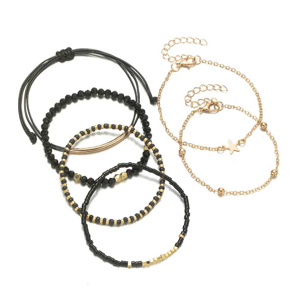 6Pcs Black Beads Chain Set For Women Gold Color Star Charm Elastic Bangle Female Fashion Jewelry Gift M251213