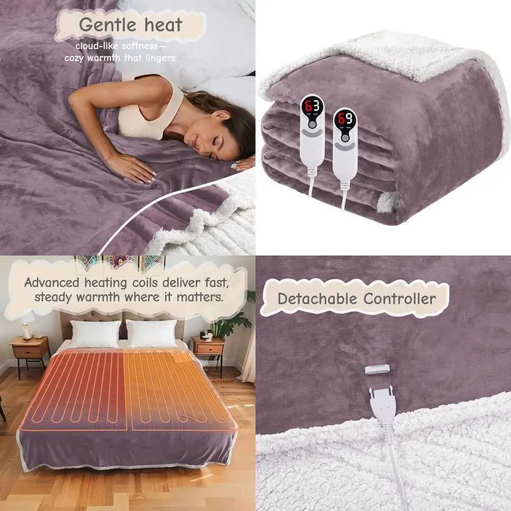 Queen Size Electric Blanket 84x90 Purple Flannel Dual Controls 6 Heat Levels 10-Hour Timer Overheat Protection Y251212