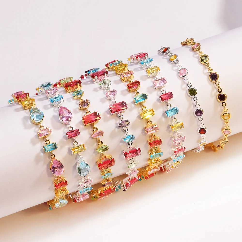 Delicate Colorful Luxury Cubic Zirconia Chain Chic Bangle Women Gold Color Wrist Wedding Engagement Party Jewelry Gift M251213