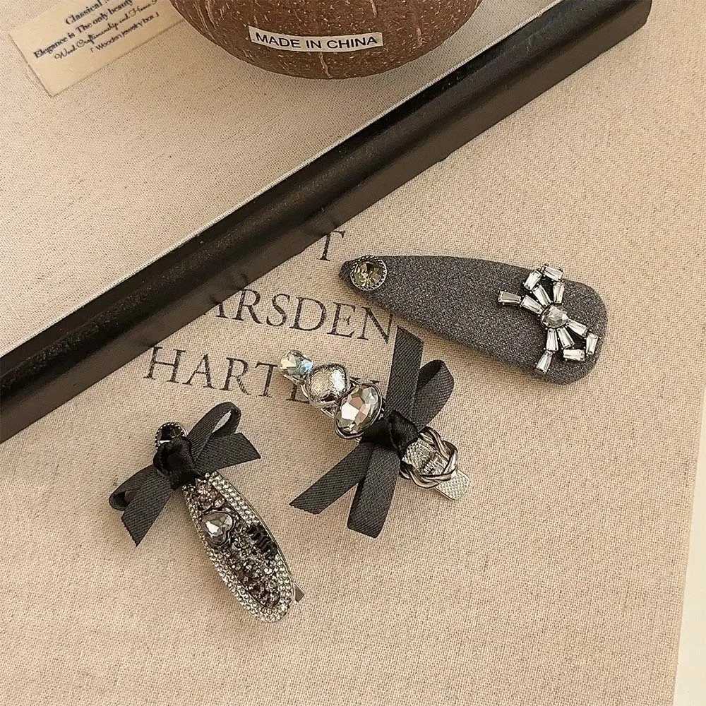 Exquisite Gray Crystal Canvas 3pcs Hair Clips Gem Barrettes Set Fashion Classic Rock Gray Bow-knot BB Clips Bangs Clip Wholesale Y251213