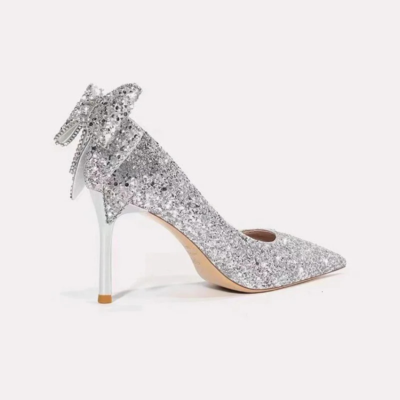 French Wedding Shoes Woman Silver High-heeled Shoes Sequin Dress Pumps Elegant Spring Rhinestone Bow Sweet Crystal Womens Shoes 251209