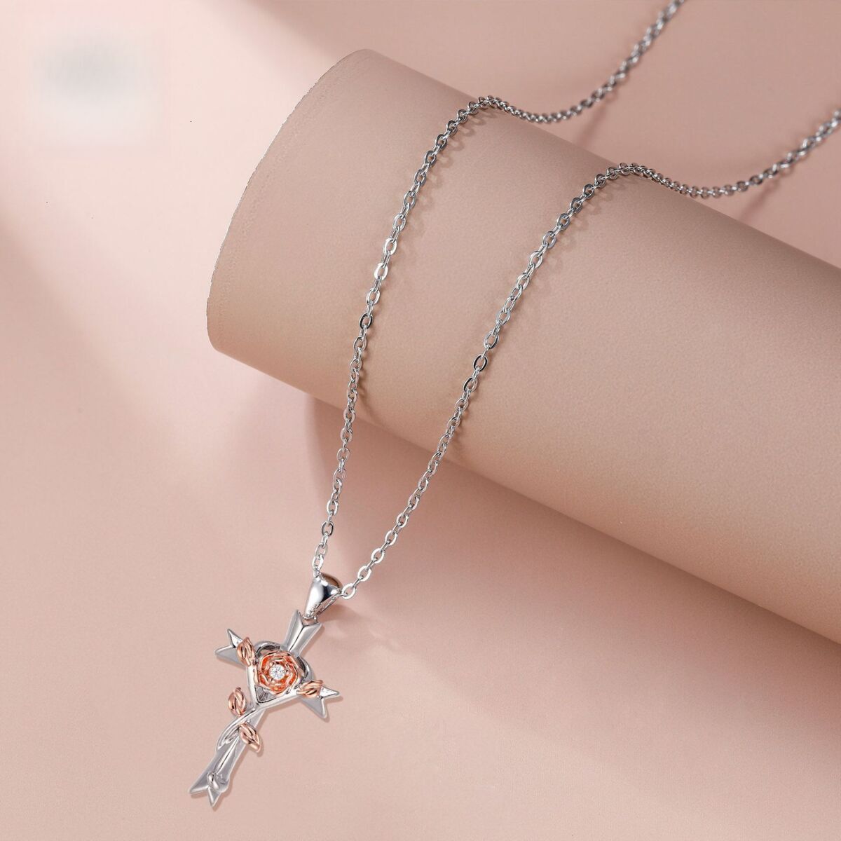 Women's Cross Choker Necklace, Preppy 14K Gold-Plated Rose Flower Pendant, 40 cm Titanium Snake Chain, Gray Acrylic Resin Lucite Cross Jewelry for Eve - view 3