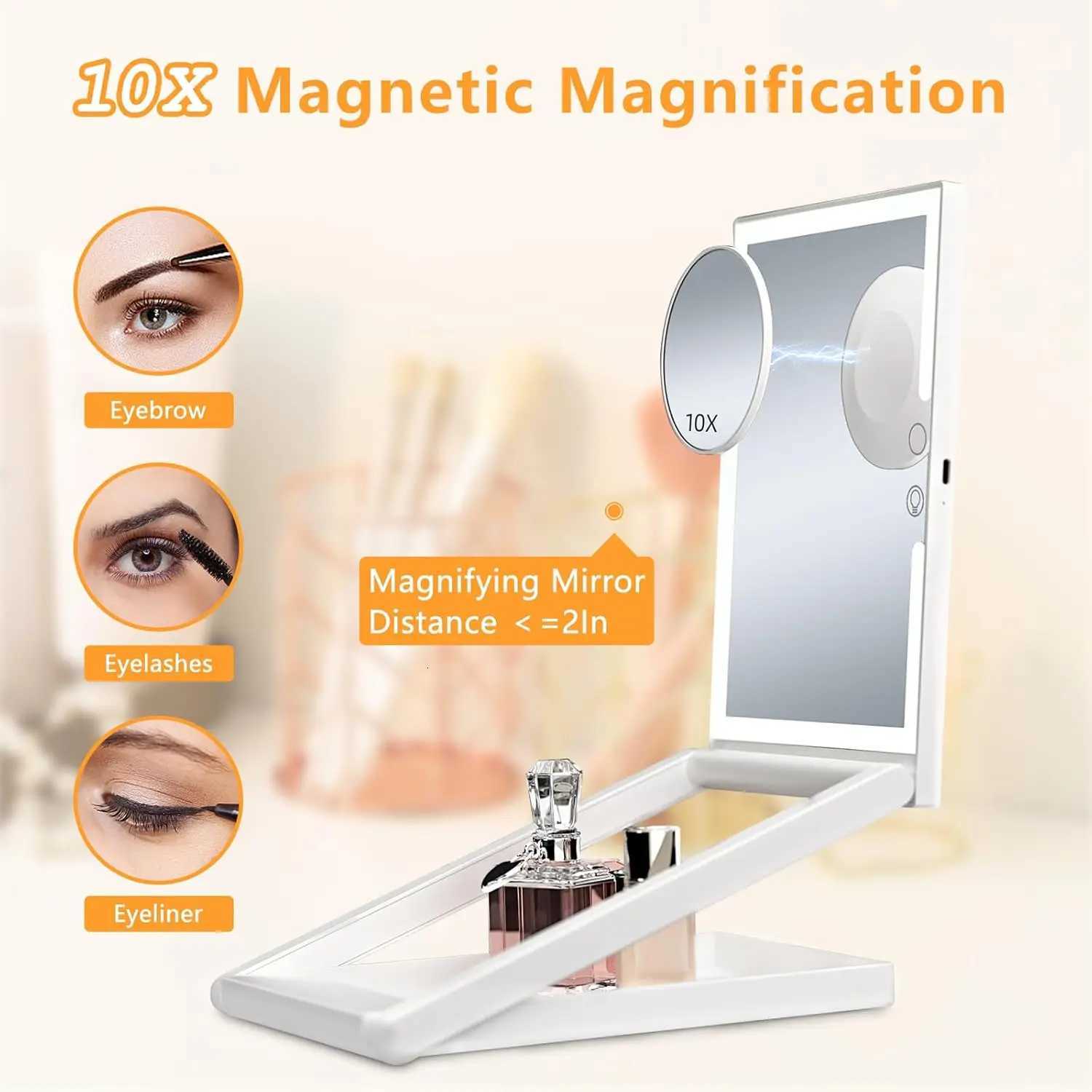 10X Magnification Makeup Mirror with Lights 3 Color Lights Dimmable Folding Touch Screen Tabletop Compact Cosmetic MirrorT251213