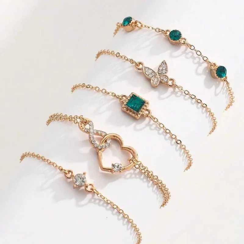 5 PCS Set Hallow Out Heart Green Crystal Stone Set For Women Gold Color Lovely Butterfly Rhinestone Girls Set M251213