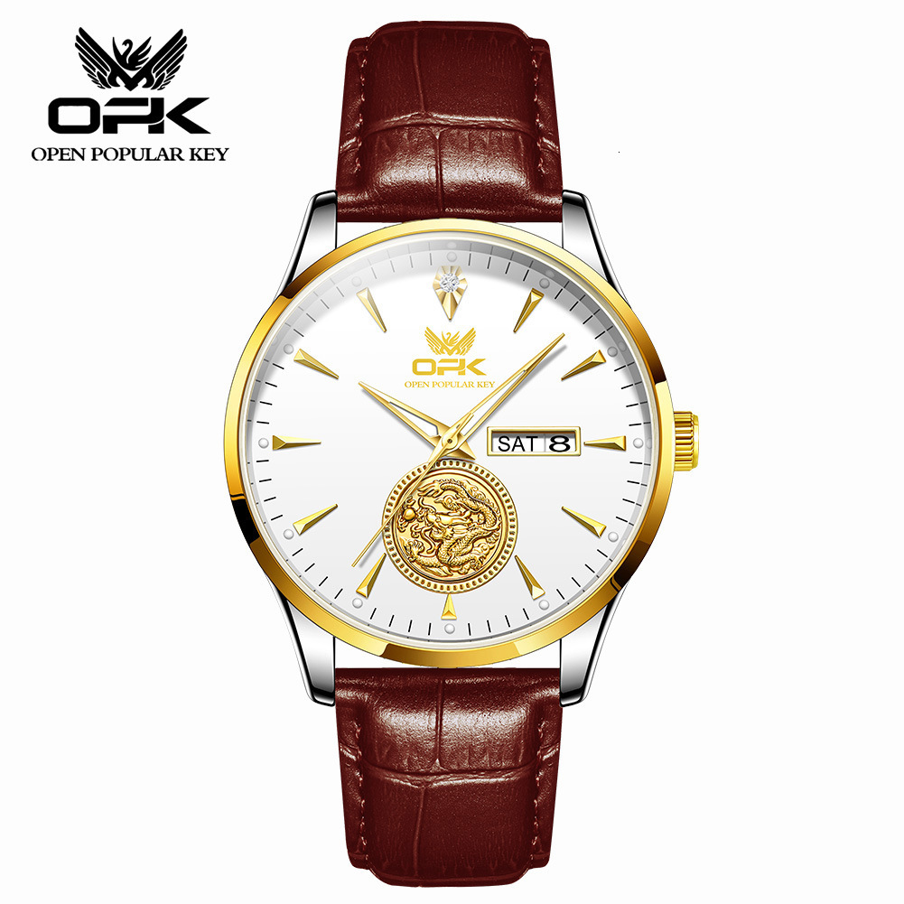 OPK Designer Men's Watch, Waterproof Luxury Outdoor Sports Fashion Casual Wristwatch, Luminous Leather Embroidery Double Calendar Business Men's Watch