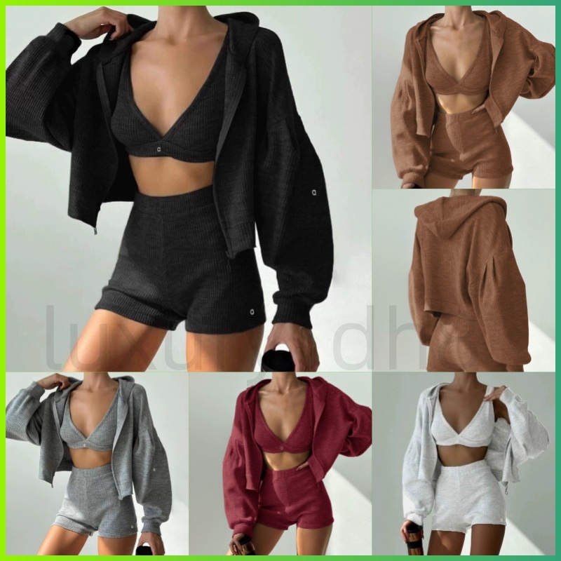 Alonessities Yoga Sweatshirt Top Sweat shorts Hoodie Three Pcs Set Women Sport Suit Knitted Zipper Hooded Cardigan Sweatshirt V-Neck Women Clothes