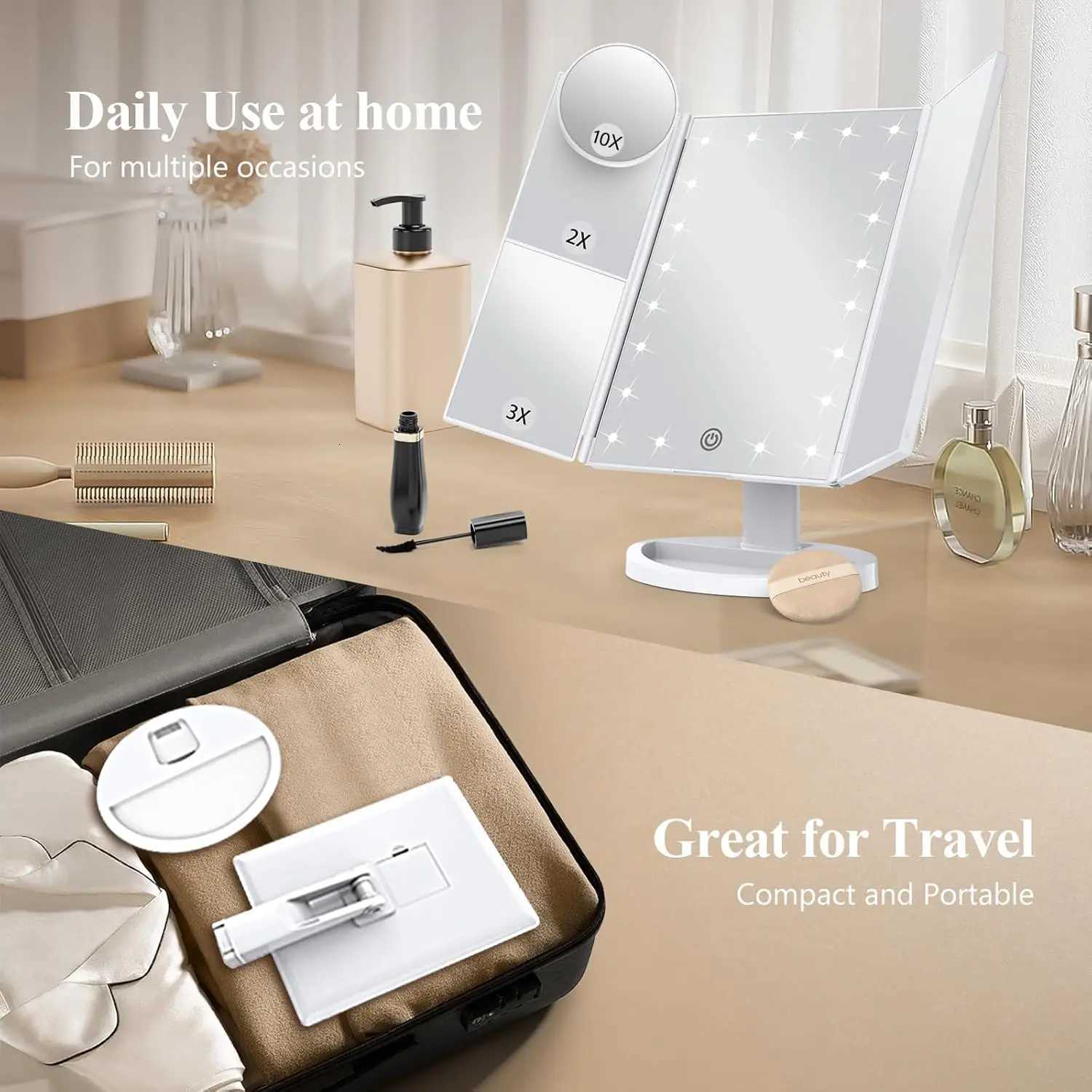 1pc Portable Makeup Mirror Vanity with LED Lights 2X 3X 10X Magnification Lighted Mirror Touch Control Trifold Dual Power SupplyT251213