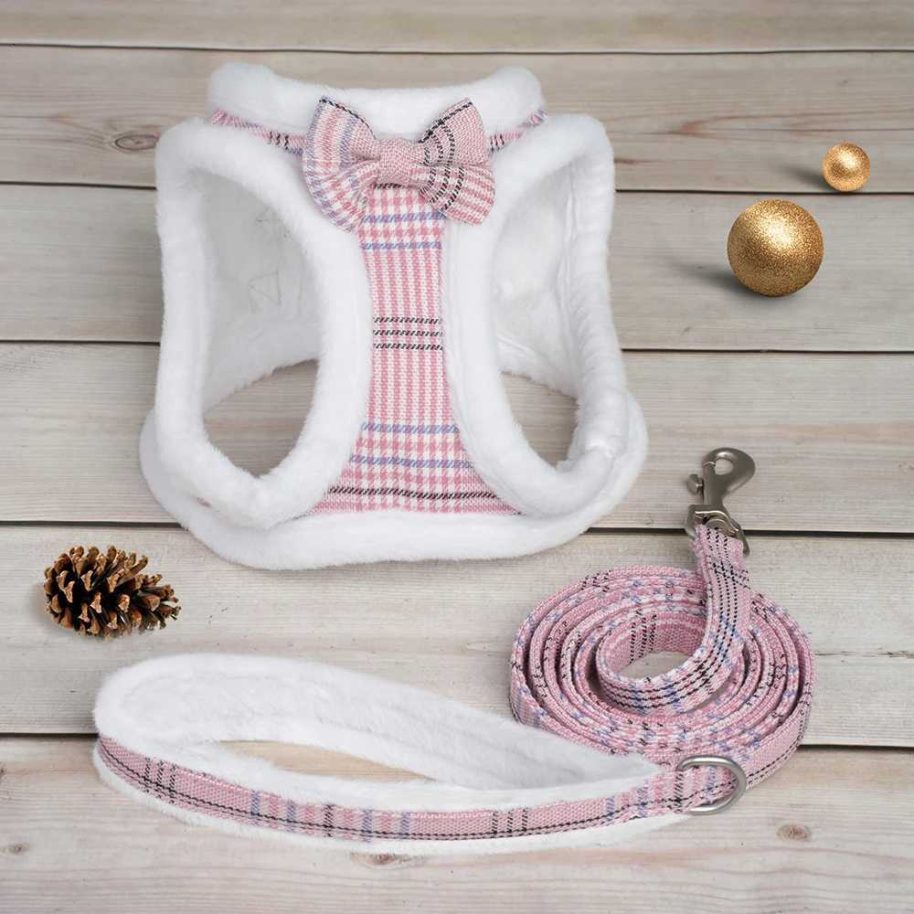 Winter Warm Dog Harness Leash Set Soft Fur Padded Dog Harness Vest No Pull Adjustable Pet Harness With Lead Leash Cute Bowknot M251213