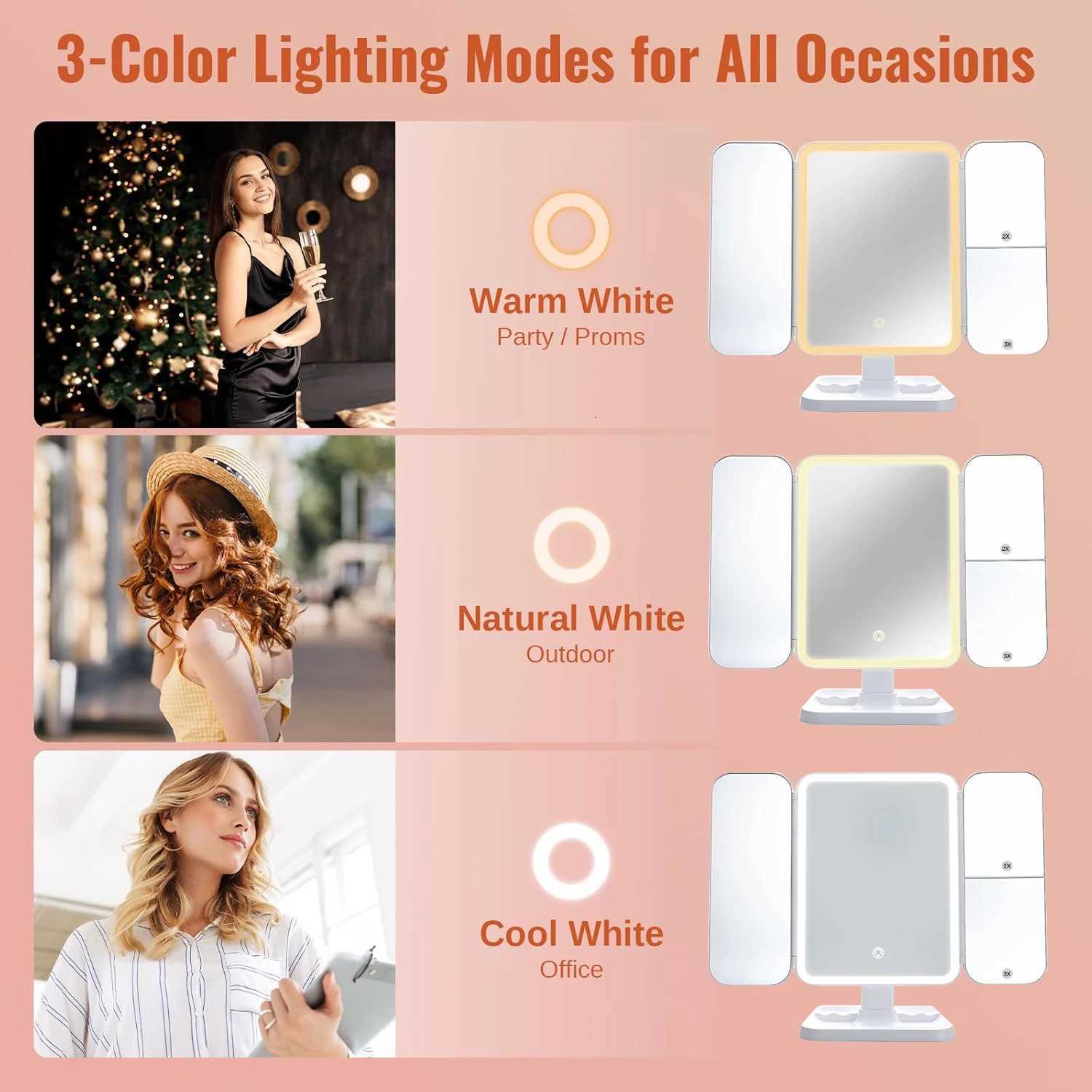 Trifold Makeup Mirror LED Lights Dorm Dressing Mirror Beauty Light up your fill light with Smart Complementary Makeup Mirror TriT251213