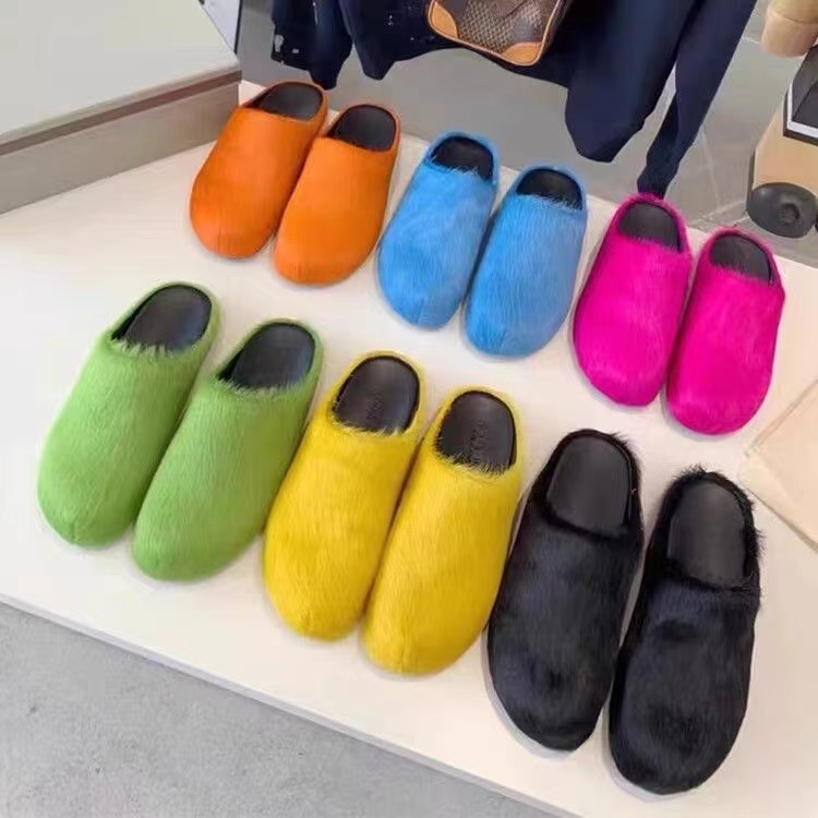 fashion Dress Shoe Fussbett Sabot Calfskin Fur Slide Long Calf Hair Leather Slipper Loafers Men Women Black White Orange Blue Green Red Furry Shoes Slippers 35-46
