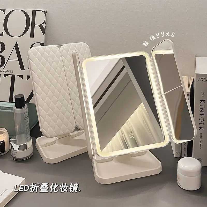 LED makeup mirror desktop with light three fold enlarged internet famous dormitory desktop beauty bedroom dressing mirrorT251213
