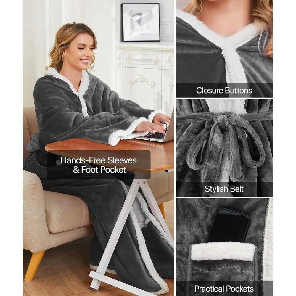 Wearable Electric Blanket with Foot Pockets and Sleeves 8 Heat Levels Timer for Women 50x60 Flannel Sherpa Robe Y251212