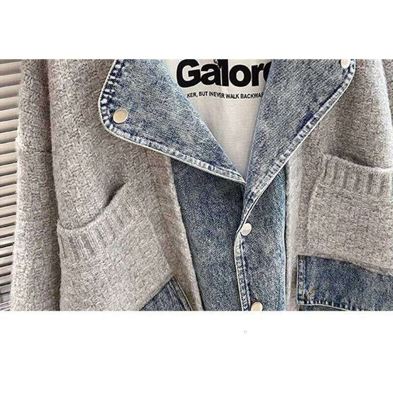 Autumn Winter Retro Personality Stitching Denim Lazy Wind Knitted Sweater Cardigan Fashion Tide Comfortable Jacket