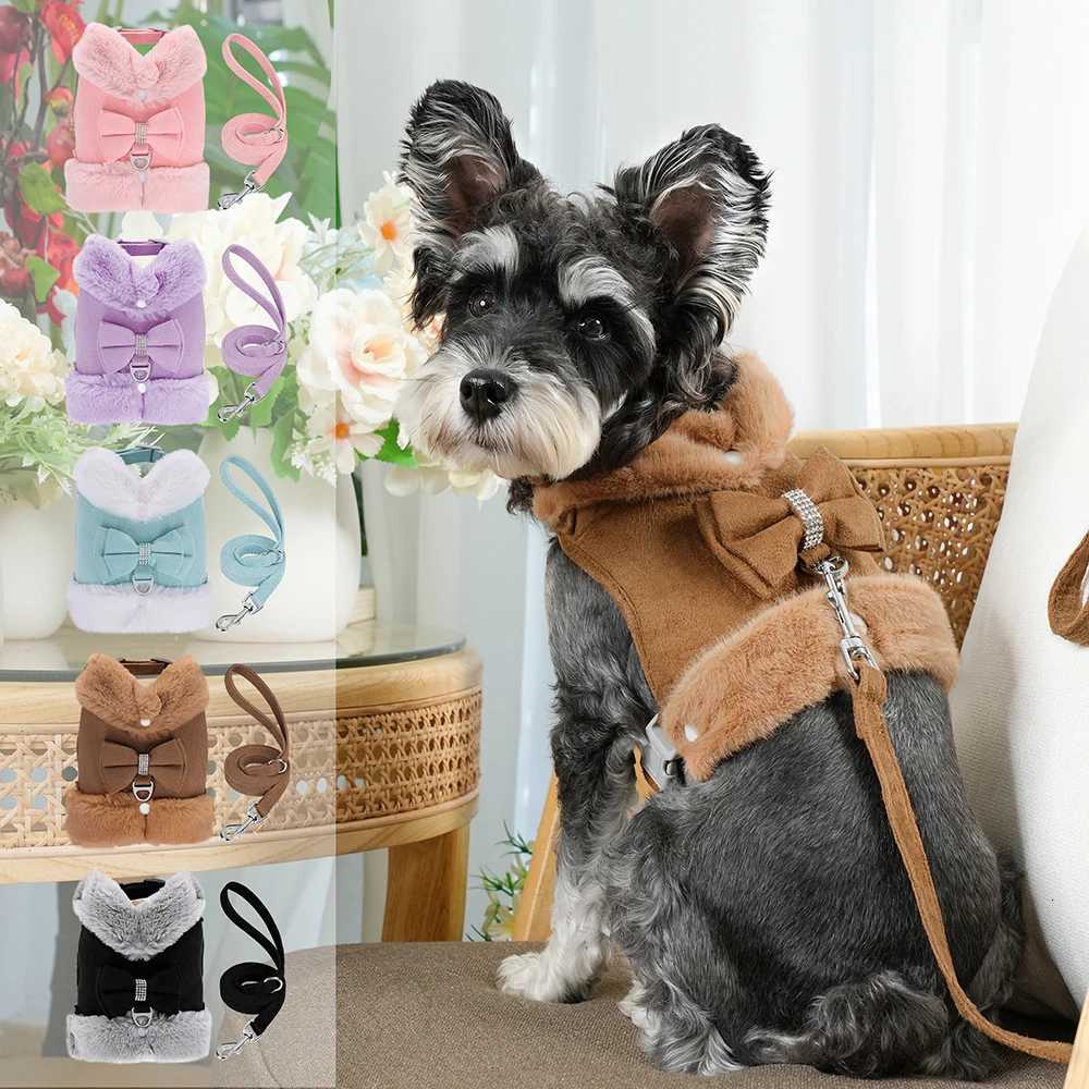 Winter Warm Puppy Dog Harness Leash Cute Bowknot Dogs Cat Harnesses Fur Padded Pet Vest With Matching Lead Rope For Dogs Pug M251213