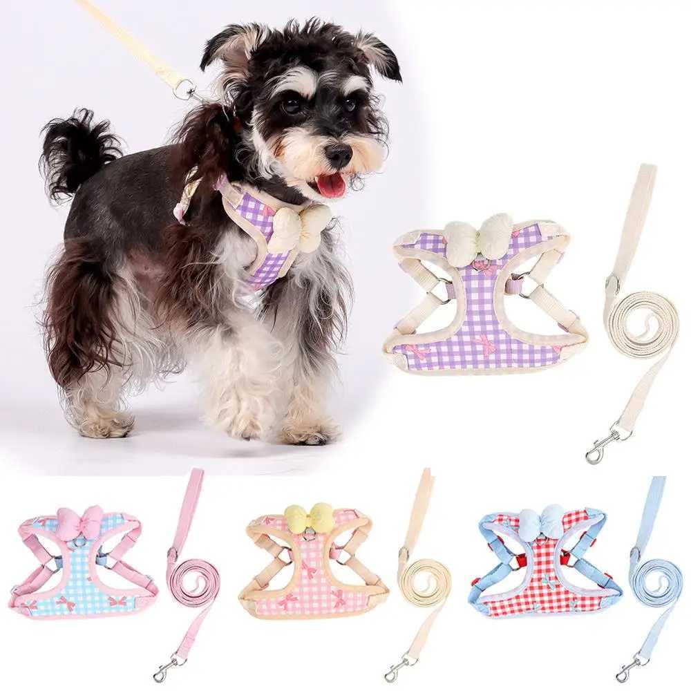 Small Dog Leash Bowknot Harness Pet Plaid Chest Strap Adjustable Item No-Pull Dog Harness And Leash Set Outdoor Pet Braces M251213