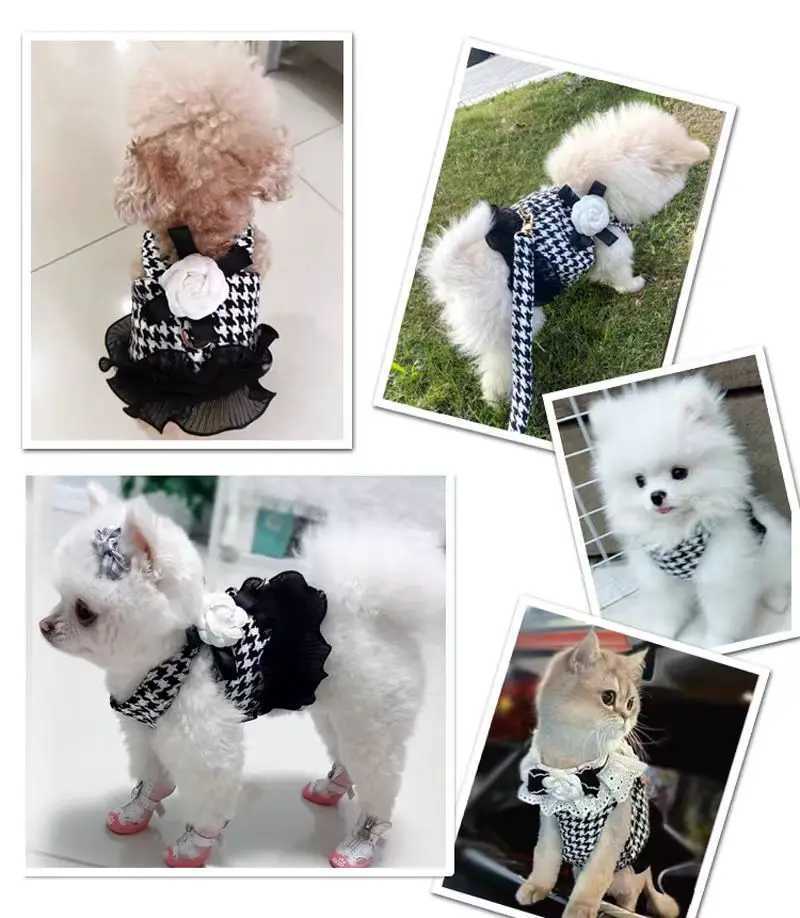 Luxury Pet Harness Leash Set Classic Houndstooth Dog Skirt Clothes With Flower Bowknot For Small Medium Dogs Cats M251213