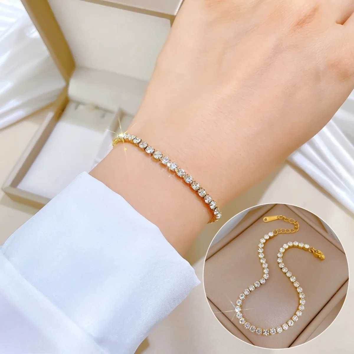 All Stainless Steel Shiny Zircon Tennis Chain s for Women Girls Luxury Bangle Hand Accessories Jewelry Gifts for Friends M251213