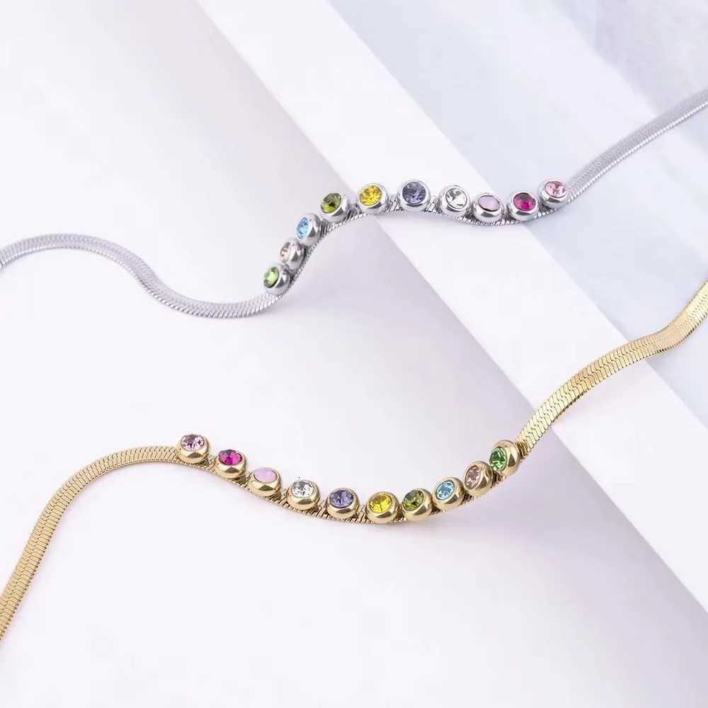 18K Gold Plated Stainless Steel Multi Color Zircon Herringbone Chain for Women M251213