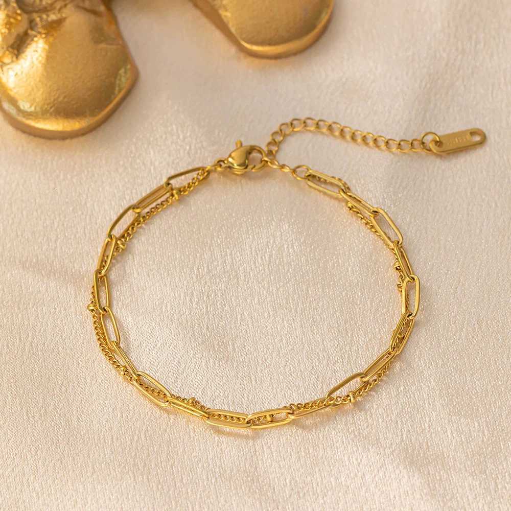 Punk Doube Layered Paperclip Beads Chain Link Female Gold Color Stainless Steel Chain s for Women Jewelry Gift M251213