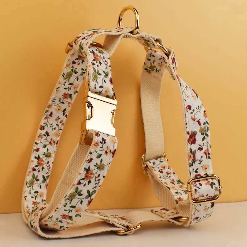 Personalized Dog Collar Harness Leash Set Custom Dog Collars Luxury Flower Soft Cotton Dog Collar Leashes Harness Bow flower04 M251213