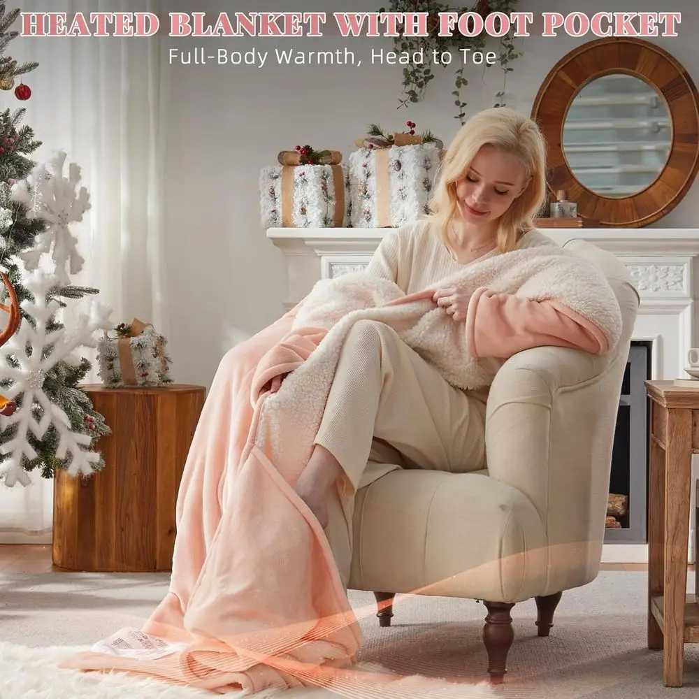 Wearable Electric Blanket with Foot and Sleeve Pockets 10 Heat Settings Auto-Off 50x70 Pink Flannel Sherpa Throw Y251212