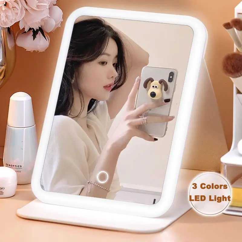 3 Colors LED Vanity Mirror with Leather Touch Screen USB Rechargeable 3 Brightness Dimming Makeup Mirror FoldableT251213