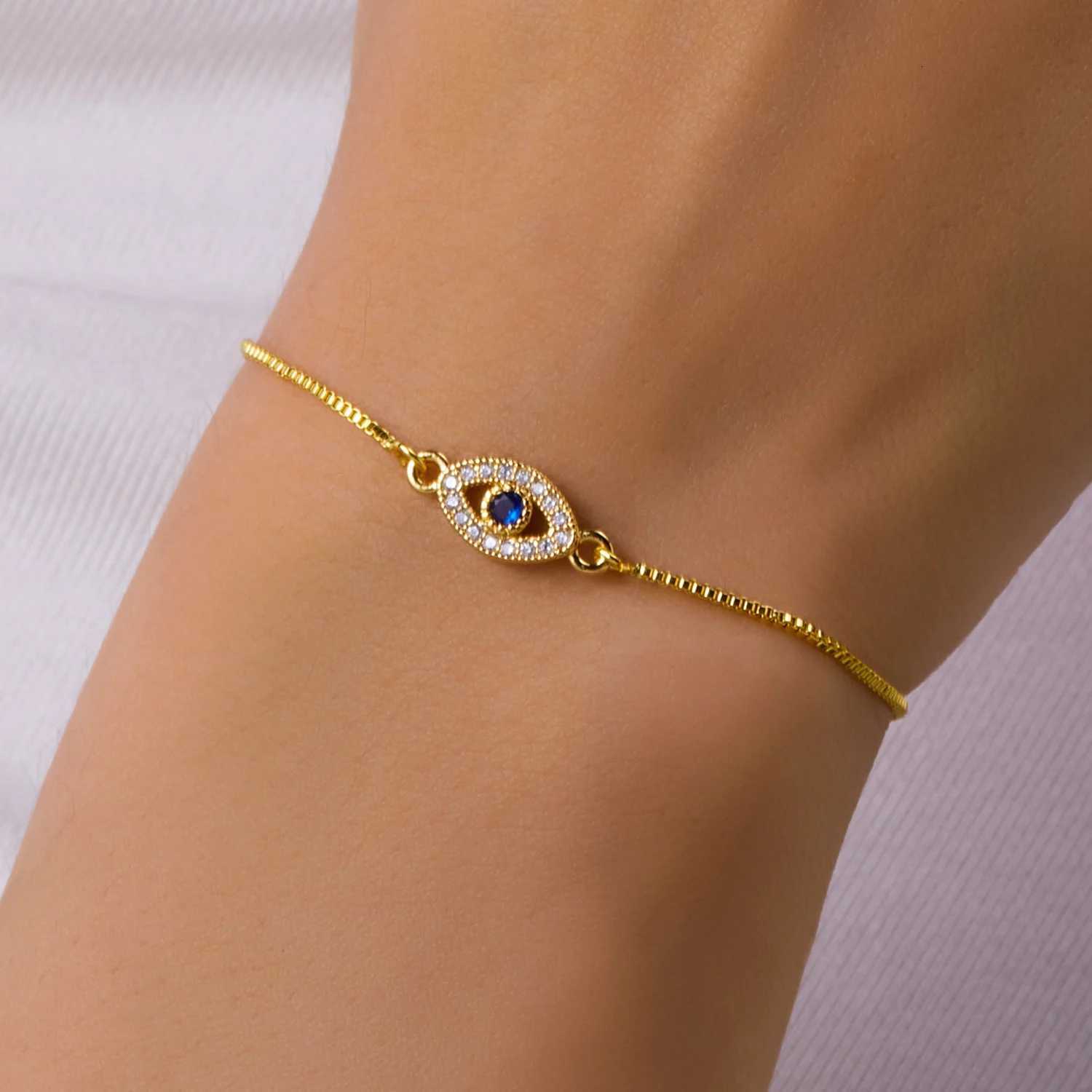 Luxury Gold Color Zircon Evil Blue Eye Bangle Fashion Lucky Jewelry Women Gift Adjustable Handmade M251213