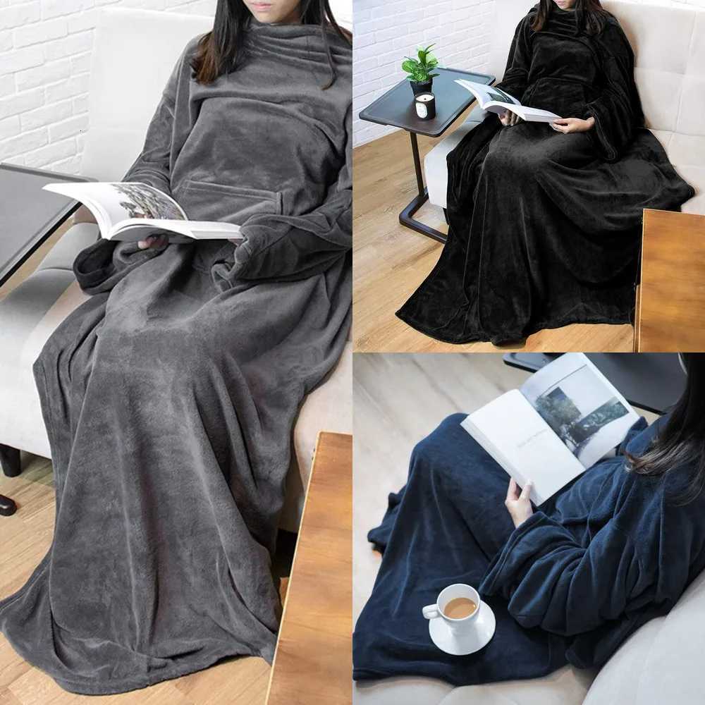 Wearable Flannel Blanket With Sleeves Large Pocket Soft Anti Static Lazy Blanket Home Reading TV Office Winter Warm Cover Y251212