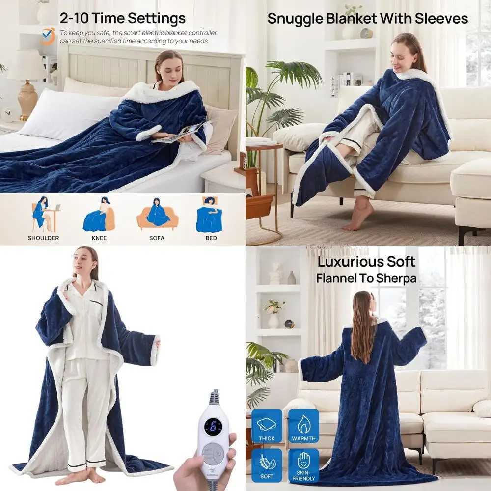 Navy Electric Throw Blanket with Foot Pocket 6 Heat Settings 2-10 Hours Timer 50x7018 Wearable with Sleeves Y251212