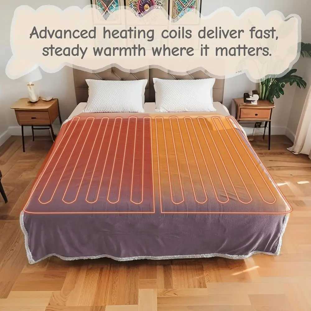 Queen Size Electric Blanket 84x90 Purple Flannel Dual Controls 6 Heat Levels 10-Hour Timer Overheat Protection Y251212