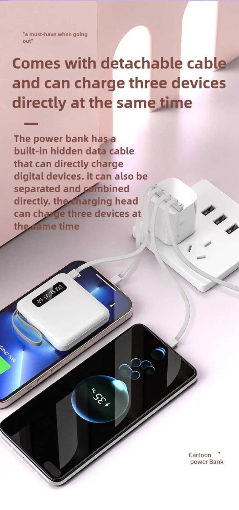 Mini 10000mAh Power Bank Built in Cable PowerBank Digital Display Portable for IPhone for H251213