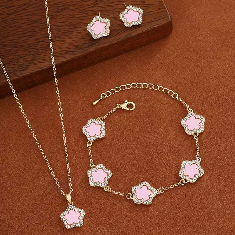 Luxury Jewelry Set for Women Silver Color Chain Stainless Steel Double Sided Five Flower Necklace Earrings M251213