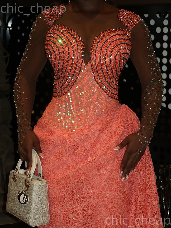 Aso Ebi Blush Pink Sheath Prom Dresses 2026 Lace Crystals Sheer Neck Evening Formal Party Second Birthday Engagement Gowns Plus Size Dress For Special