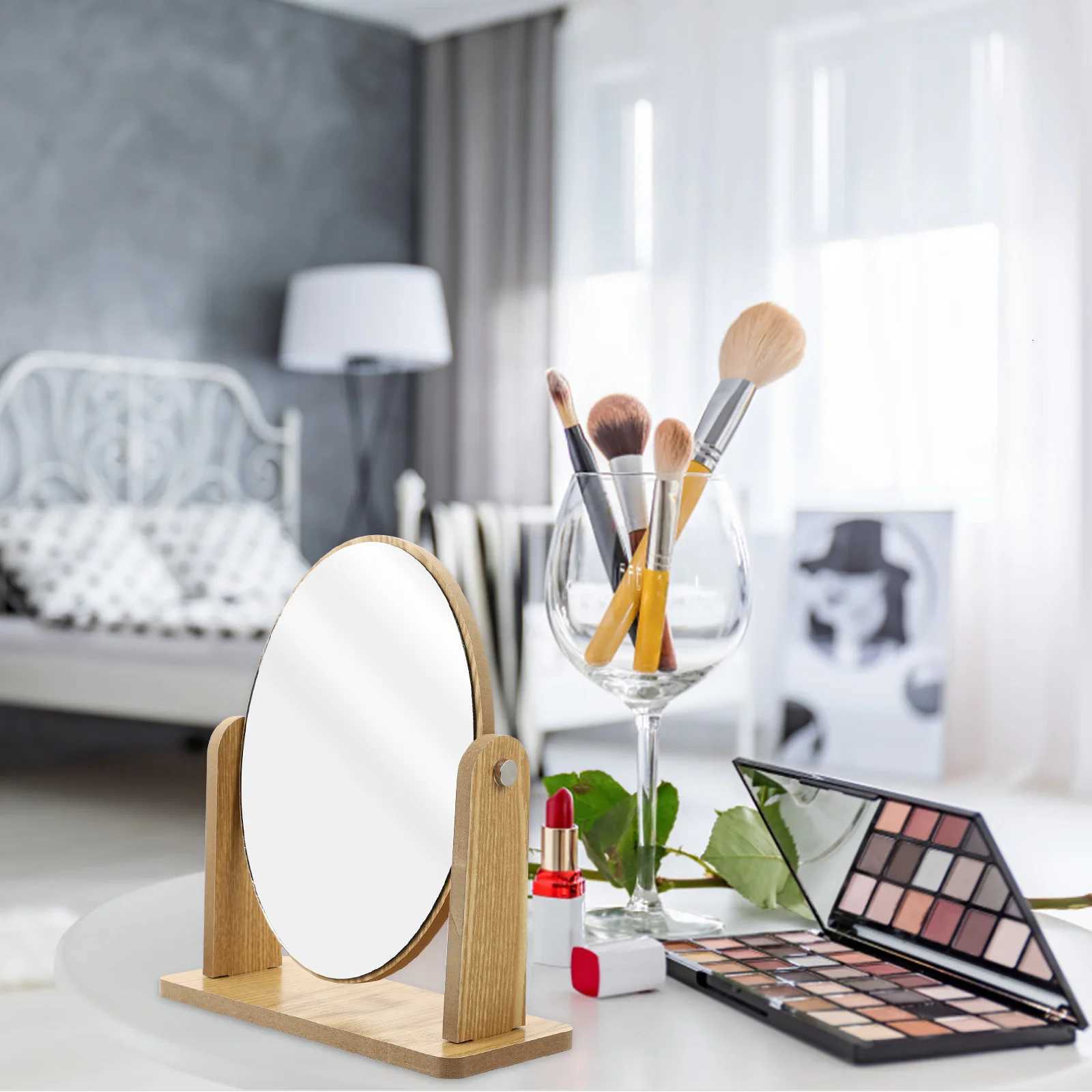 Wooden Swivel Tabletop Vanity For Bathroom Bedroom Dresser Oval Desk Mirror For Women Wood Makeup Mirror Tabletop WoodT251213