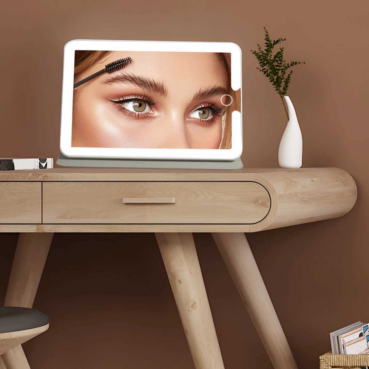 LED Foldable Travel Makeup Mirror 3 Colors Light Modes USB Rechargeable Touch Screen Portable Tabletop Cosmetic Mirror WhiteT251213