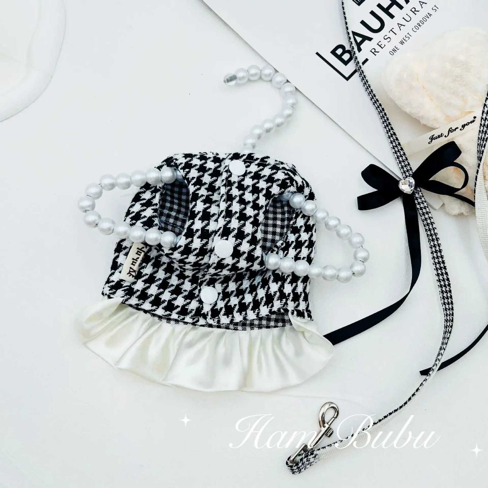 Pet Autumn/Winter Checkered Coat Pearl Skirt Drawstring Teddy Dog Harness and Leash Set Dog Accessories for Small Dogs M251213